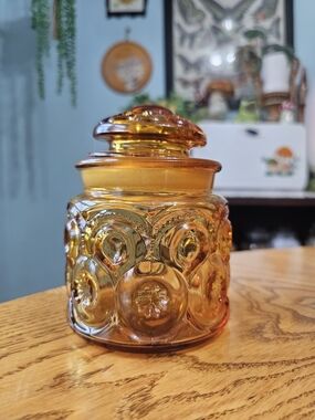 Vintage LE Smith Amber Moon & Stars Small Canister Jar 60s 70s